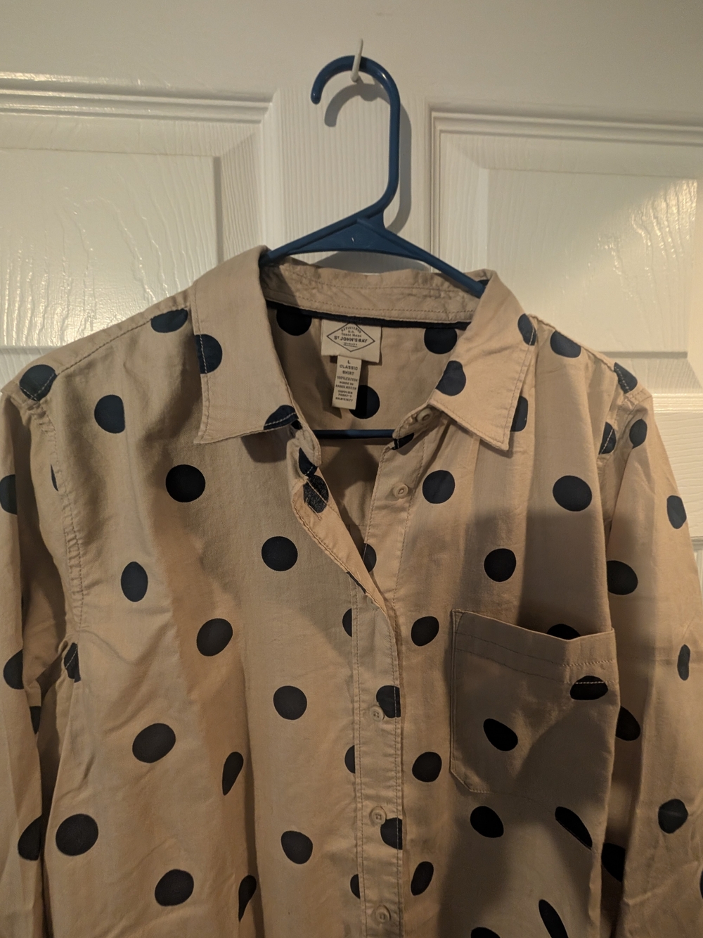 St. John's Bay Beige Button-Down Shirt with Black Polka Dots